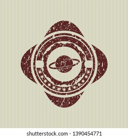 Red planet, saturn icon inside distress rubber seal