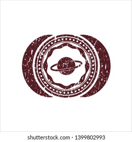 Red planet, saturn icon inside distressed rubber grunge stamp