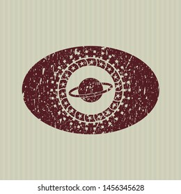 Red planet, saturn icon inside distressed rubber grunge seal