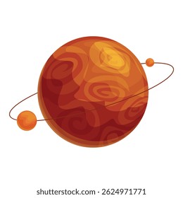Red planet from solar system rotating on its axis with two small moons orbiting around