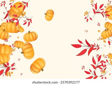 Red Plant Background Beige Vector. Rowan Fall. Burgundy Farm Border. Foliage Card. Yellow Leaves Oak Set.