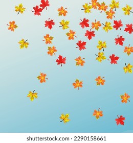 Red Plant Background Blue Vector. Leaves Isolated Card. Golden Forest Foliage. Bright Floral Frame.