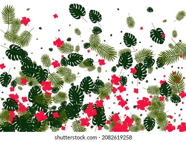 Vector blanco de fondo de planta roja. Tarjeta tropical Philodendron. Orange Hibiscus. Marco de Brasil. Patrón de bosque lluvioso verde.