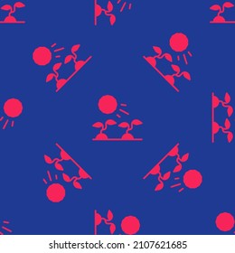 Red Plant sprouts grow in the sun icon isolated seamless pattern on blue background. Seedling concept.  Vector