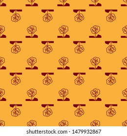 Red Planting a tree in the ground icon isolated seamless pattern on brown background. Gardening, agriculture, caring for environment.  Vector Illustration