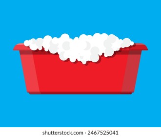 Red plastic basin with soap suds. Bowl with water. Washing clothes, cleaning equipment. Vector illustration in flat style