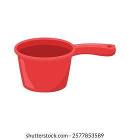 Red plastic bath dipper with handle, ideal for household, cleaning, or bath products concept imagery for stock photography or advertisements.