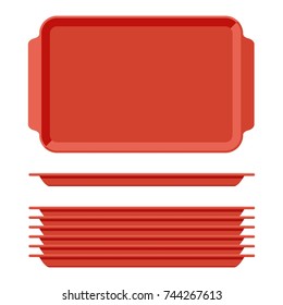 Red plastic blank food tray set with handles. Rectangular kitchen salvers isolated on white background. Plastic tray for canteen illustration, top view plate rectangle stack. Vector illustration