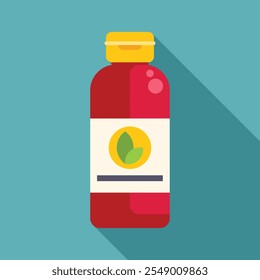 Red plastic bottle containing natural product with green leaf logo standing on blue background