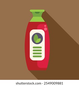 Red plastic bottle with green leaves logo containing shampoo, conditioner, lotion or soap
