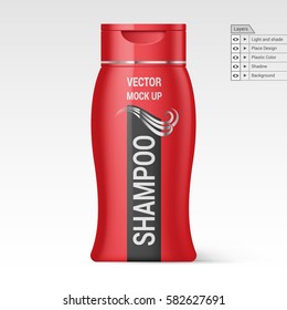 Red Plastic Bottle Shampoo Isolated on White Background Vector Layer Mock up