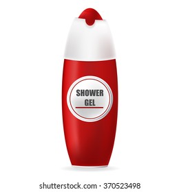 Red plastic bottle of shower gel. Vector image isolated on white background