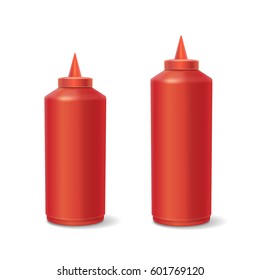 Red plastic bottles of ketchup isolated on white