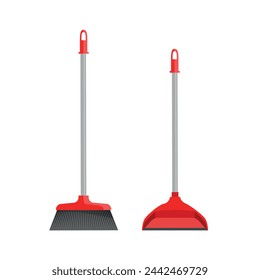 Red plastic broom and dustpan isolated on white background. Cleaning tools in flat style. Vector stock