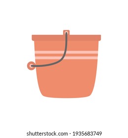 red plastic bucket with black handle isolated on white background, bucketful for washing food, water and drink, household chores pail, gardening tool, vector illustration