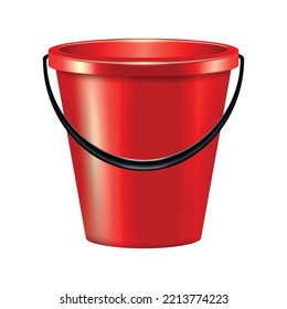 Red plastic bucket on white background realistic vector illustration