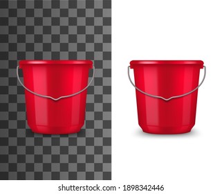 Red plastic bucket realistic mockup. Household or garden bucket with glossy surface and metal wire bail handle 3d vector template. Pail for house cleaning, gardening or water carrying