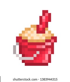 Red plastic bucket and a trowel, 8 bit pixel art set of sandbox toys isolated on white background. Summer holiday beach fun. Educational game for children. Seaside vacation activity equipment.
