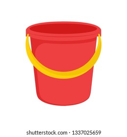 Red plastic bucket with a yellow handle. Isolated white background. A bucketful for washing food, water and drink. Household chores pail. Vector illustration. EPS 10.