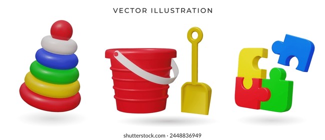 A red plastic bucket and a yellow shovel, pyramid, puzzle 3d kids toys. Vector illustration. Toy plastic bucket, shovel, pyramid, puzzle gift for kids. Most classic toys in the past.