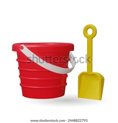 A red plastic bucket and a yellow shovel 3d kids toys. Vector illustration. Toy plastic bucket and a yellow shovel gift for kids. Most classic toys in the past.