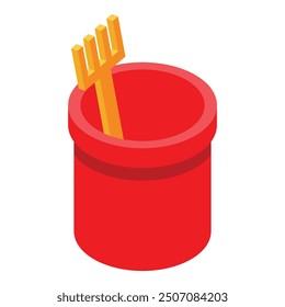 Red plastic bucket with yellow toy rake standing inside, isolated on white background, isometric view