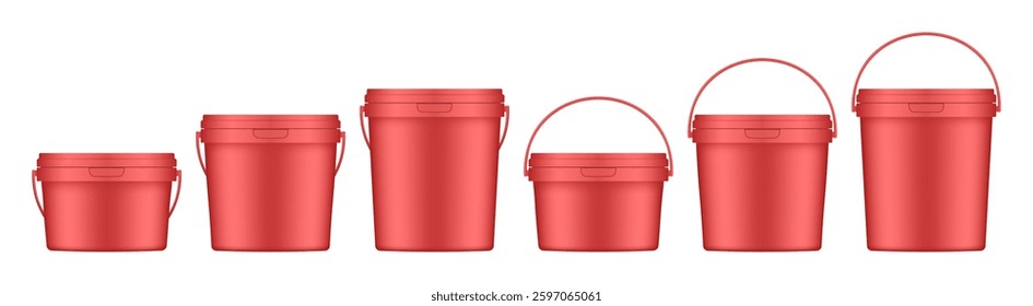 Red plastic buckets with handle and lid. Vector mockup of a food or building mixtures packaging. A bucket of paint or putty. Small, medium and large sizes	
