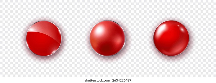 Red plastic button set isolated on transparent background. Vector blank badge, label, pin brooch mockup. 3d circle shape magnet, round tag, metal disc