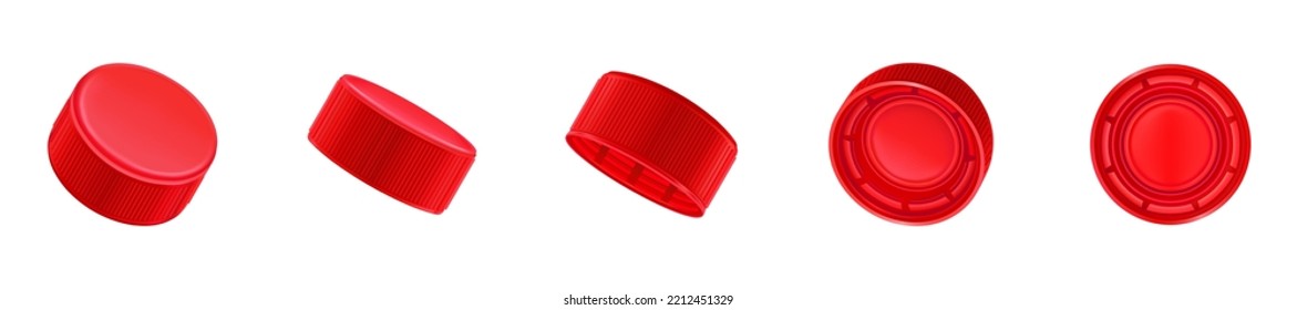 Red plastic cap for bottles with water, soda, beer or juice in different angle of views. Circle screw lid for drink containers isolated on white background, vector realistic set