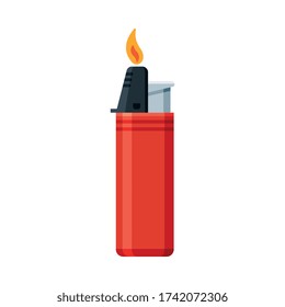 Red Plastic Cigarette Lighter with Fire, Flammable Smoking Equipment Vector Illustration