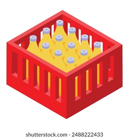 Red plastic crate full of glass bottles with yellow liquid inside isometric 3d icon