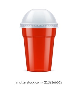 Red Plastic Cup with Lid For Single Use. Disposable Container Mockup for Drinks Isolated on White Background