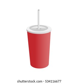 Red plastic cup with straw isolated on white background. Vector illustration