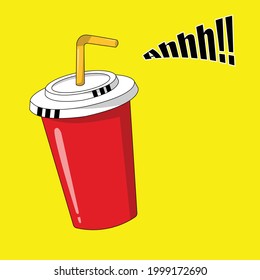 Red plastic cup with white lid used for drinking water, soft drink or cola soft drink in cartoon style isolated object on yellow background. Vector illustration, suitable for posters, postcards.