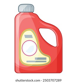 Red plastic detergent bottle with yellow label standing on white background