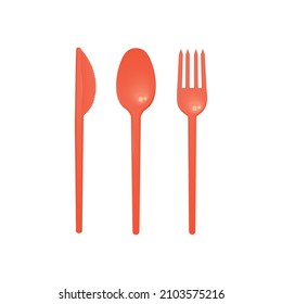 Desvectores de plástico rojo y juego de cubiertos de horquilla, cuchara y cuchara, ilustración vectorial 3D realista aislada en fondo blanco. Vajilla de plástico desechable.