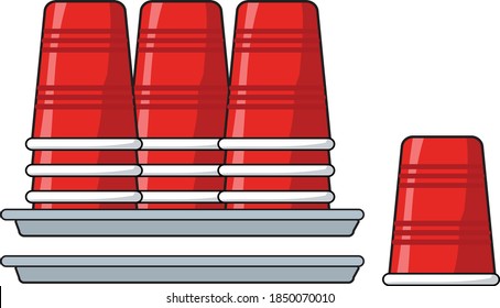red plastic disposable cups on a tray cartoon vector illustration. Cups and tray on separate layers.