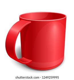 Red plastic empty cup for hot drinks, tea, coffee and cold water. Capacity for storage of liquid. Isolated on white background. EPS10 vector illustration.