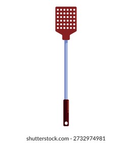 Red plastic fly swatter standing on white background with brown handle