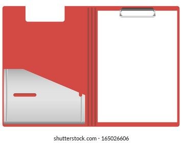 Red plastic folder with paper clips and pocket for business cards. Vector illustration.