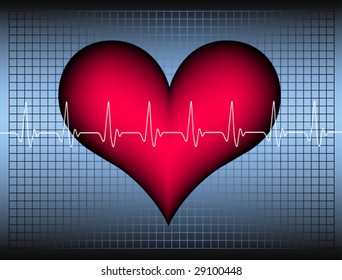 red plastic heart on a blue gradient colored grid with a white cardiogram line