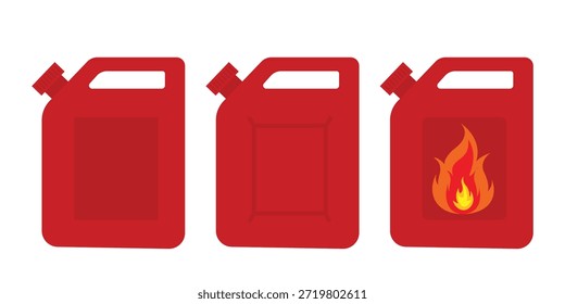 Conjunto de bidón de plástico rojo, Colección de Vector de bote de combustible, Tanque de almacenamiento de gasolina con icono de fuego inflamable, Ilustración de contenedor de gasolina automotriz sobre fondo blanco