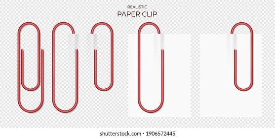 Red Plastic paper clips on transparent background isolated and attached to paper