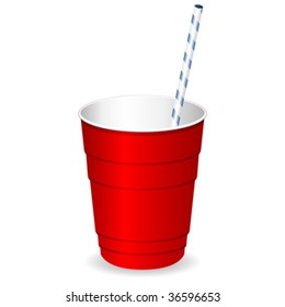 Red Plastic Party Cup With Straw Over White