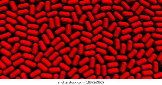 Red plastic polymer granules on black background. 3d vector illustration.