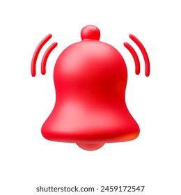 Red plastic ringing hand bell icon 3d realistic on white. Notification alert bell for social media notice event reminder, website and app element three-dimensional rendering vector illustration