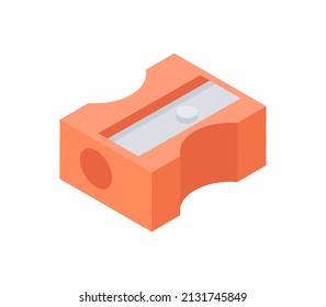 Red plastic sharpener for pencils with sharp blade isometric vector illustration. Stationery supply equipment for drawing paper drafting isolated. Cutter for wooden school office accessory