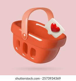 Red plastic shopping basket 3d icon with like sign. Cute product cart and speech bubble with heart three dimensional vector illustration.