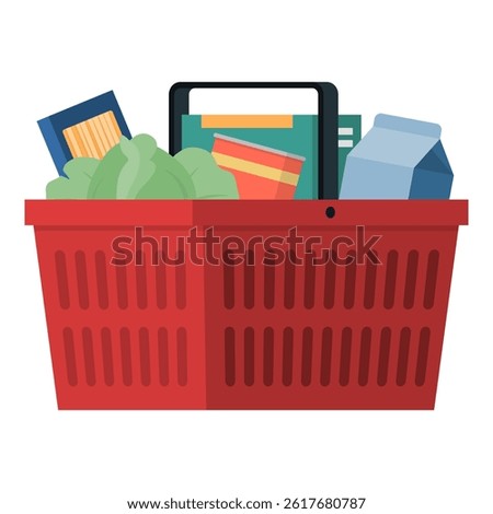 Red plastic shopping basket filled with groceries, grocery shopping concept
