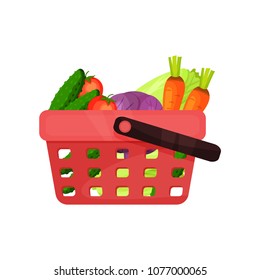 Red plastic shopping basket full of fresh vegetables. Natural and healthy food. Organic farm products. Flat vector icon